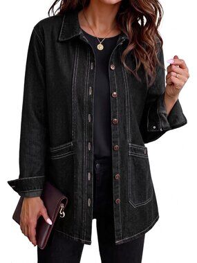 Women’s Black Oversized With Pockets Button Down Denim Jean Jacket Shacket